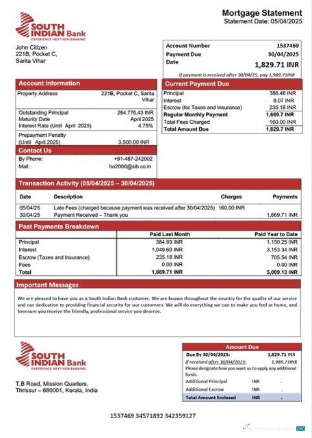 Download India South Indian Bank mortgage statement Word and PDF template Photoshop template